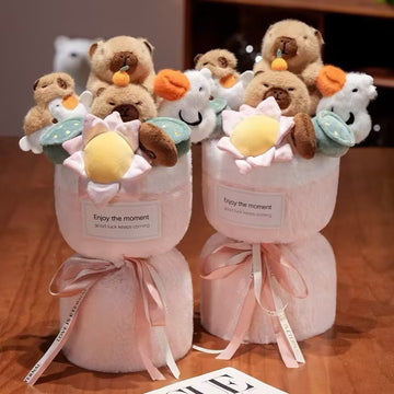 Christmas plush cartoon capybara doll bouquet, cute capybara birthday gift surprise for girlfriend ,with greetings card and gift bag