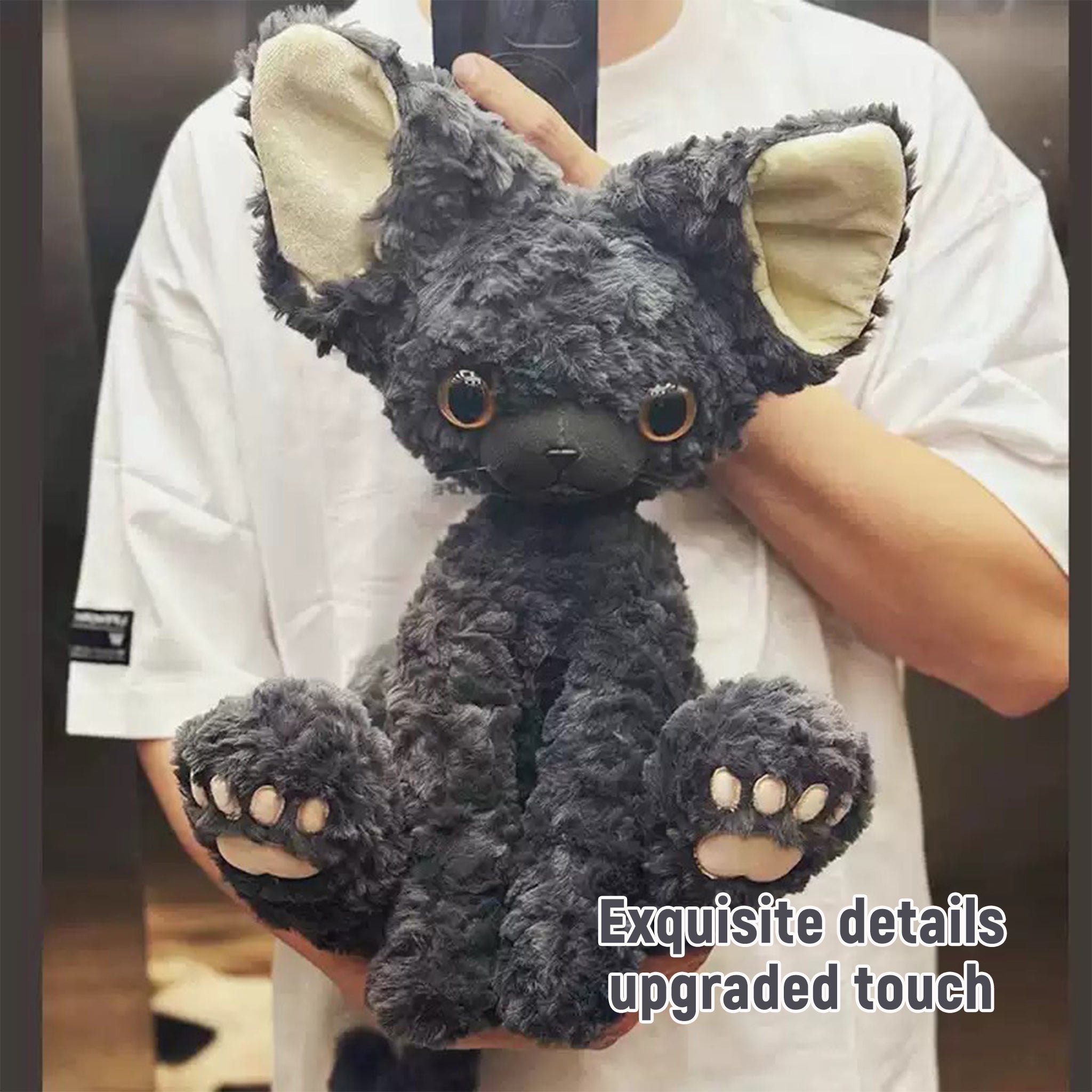 Super cute black Devon Rex cat plush doll - a fluffy toy featuring a curly-haired black cat, specially designed as a gift for girls.