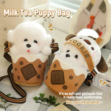 Dog Stuffed Animals，Dog Plush Cute Stuffed Boba Plush Bubble Tea Food Milk Cup Plushie Stuffed Animal Backpack Cute Crossbody Bag with A Puppy Stuffed Animal