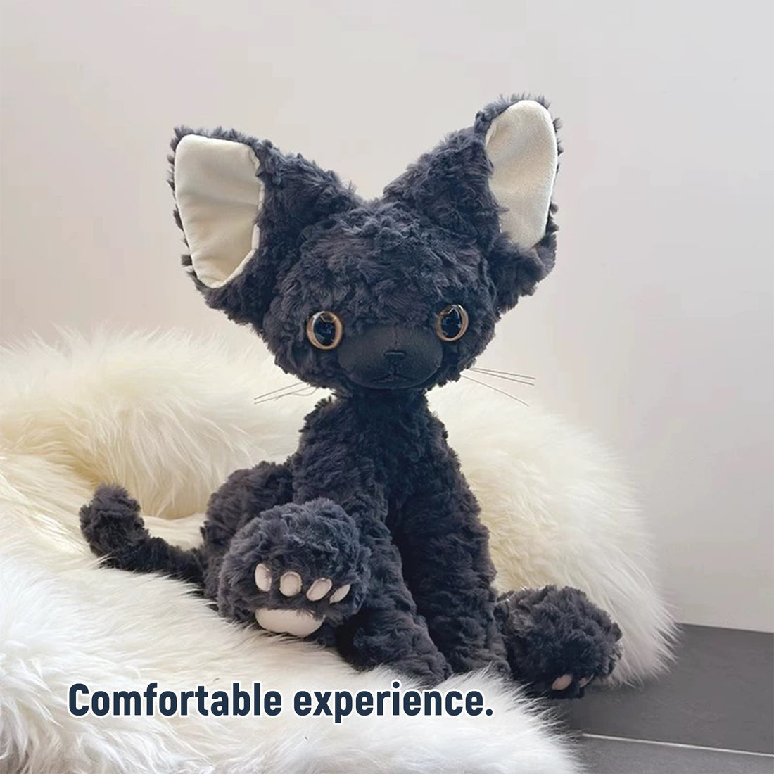 Super cute black Devon Rex cat plush doll - a fluffy toy featuring a curly-haired black cat, specially designed as a gift for girls.